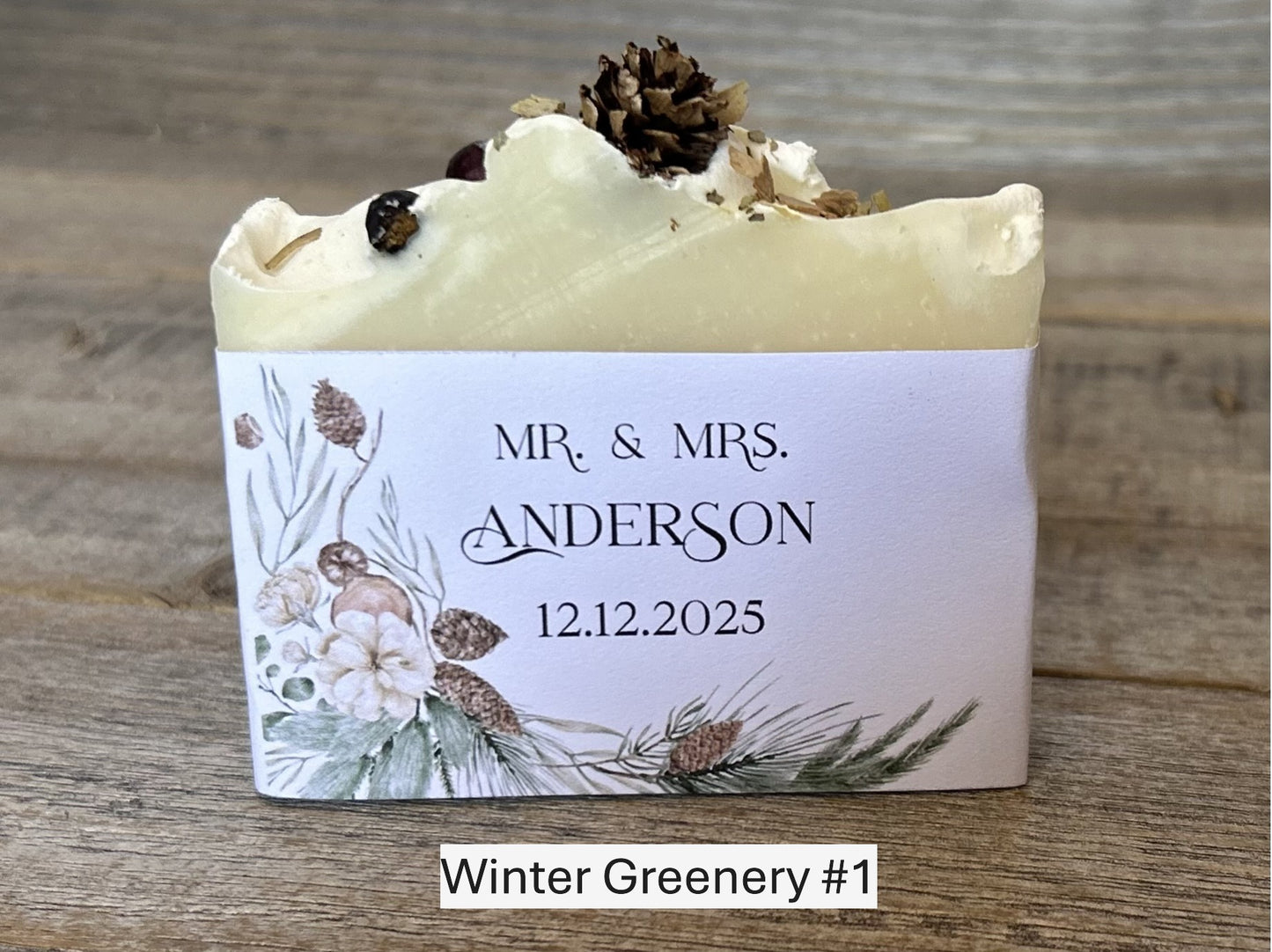 Winter Greenery custom wedding soap favors, custom soap label, Kendrick Homestead