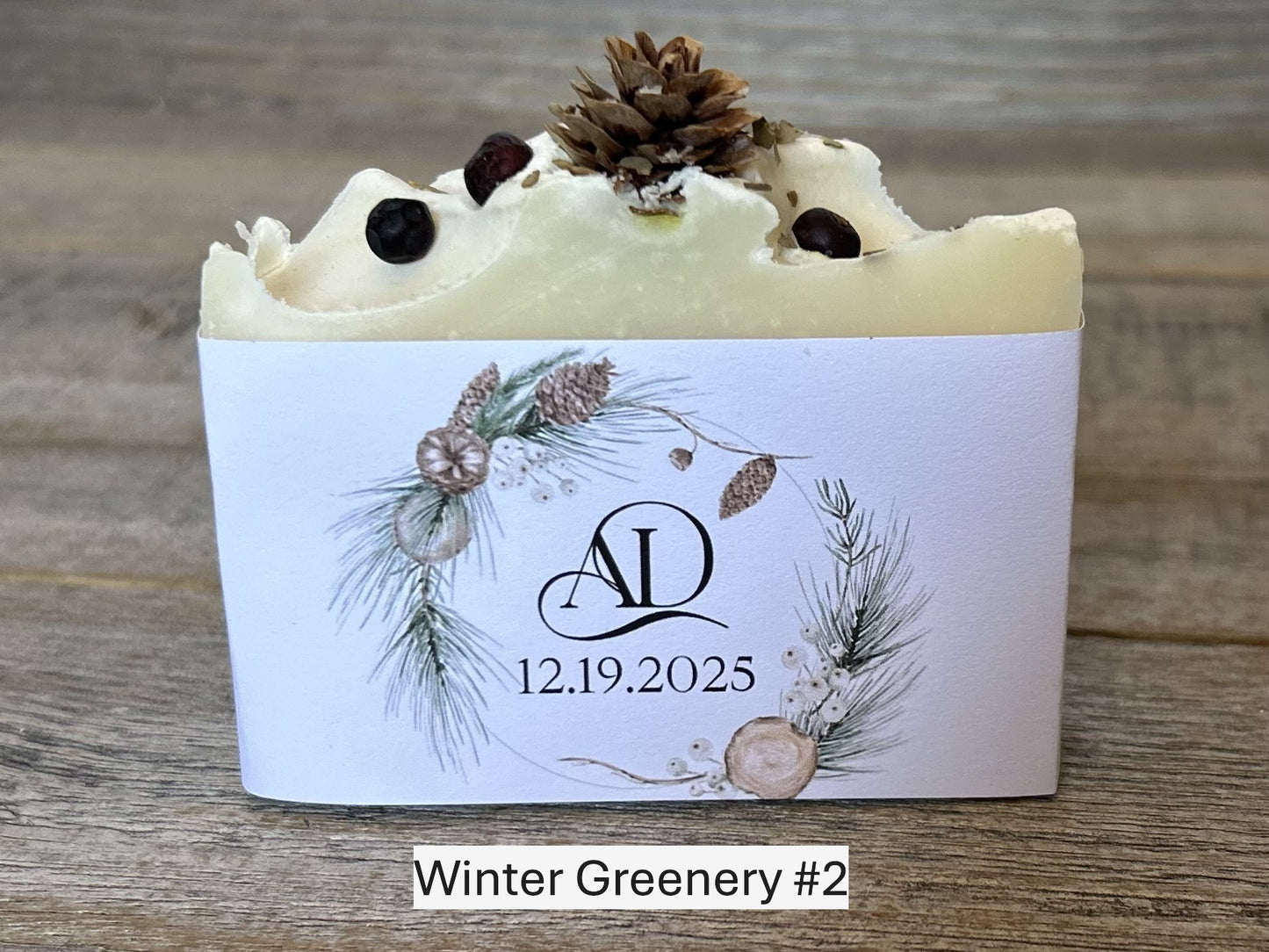 Winter Greenery custom wedding soap favors, custom soap label, Kendrick Homestead