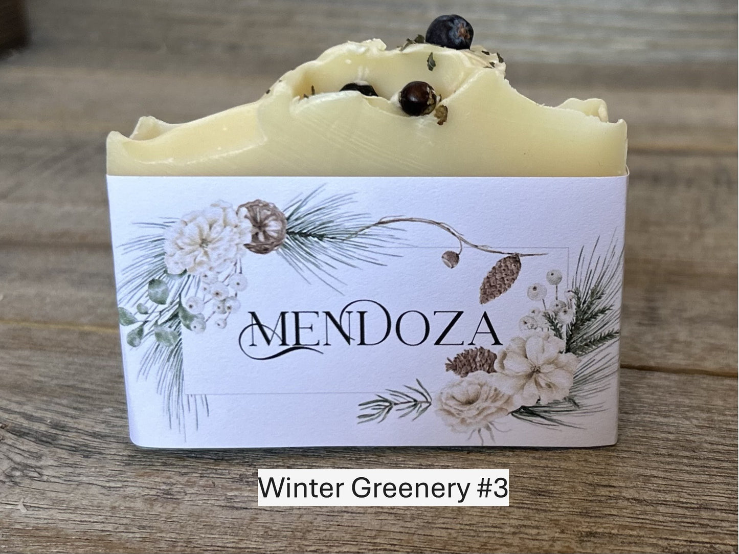 Winter Greenery custom wedding soap favors, custom soap label, Kendrick Homestead