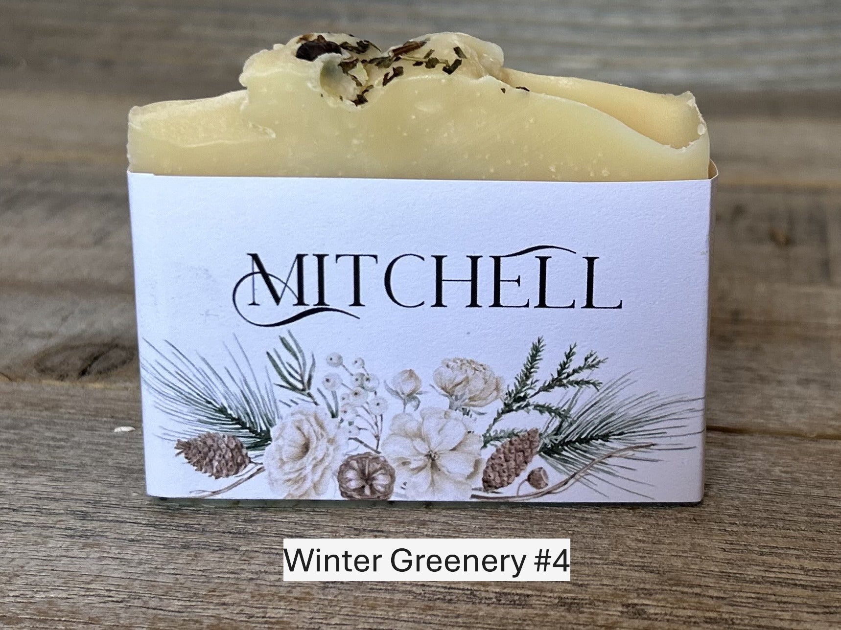 Winter Greenery custom wedding soap favors, custom soap label, Kendrick Homestead