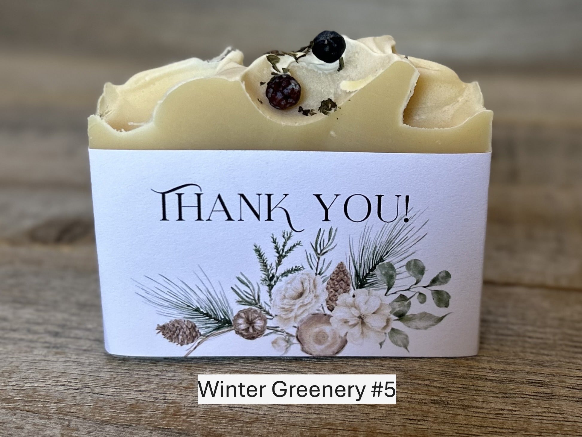 Winter Greenery custom wedding soap favors, custom soap label, Kendrick Homestead