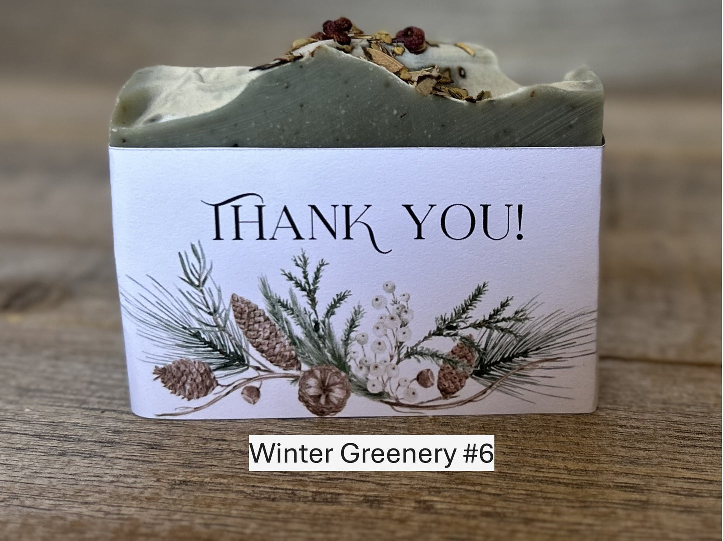 Winter Greenery custom wedding soap favors, custom soap label, Kendrick Homestead