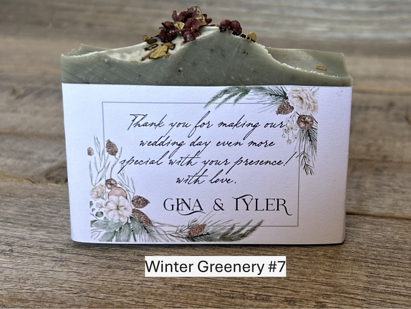 Winter Greenery custom wedding soap favors, custom soap label, Kendrick Homestead